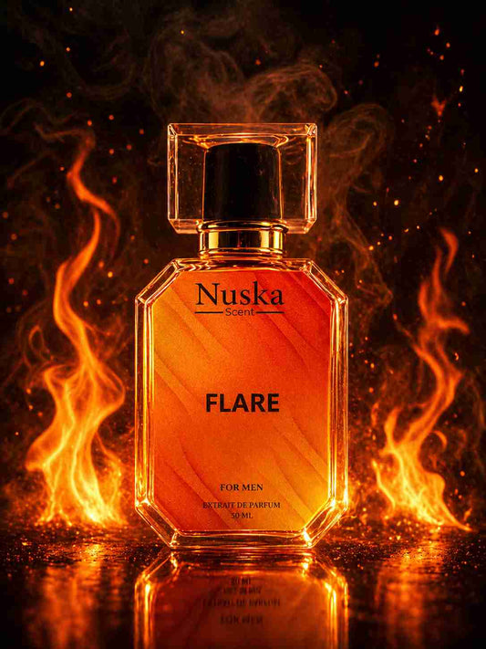 Nuska Scent FLARE perfume bottle with fire flames and warm amber glow