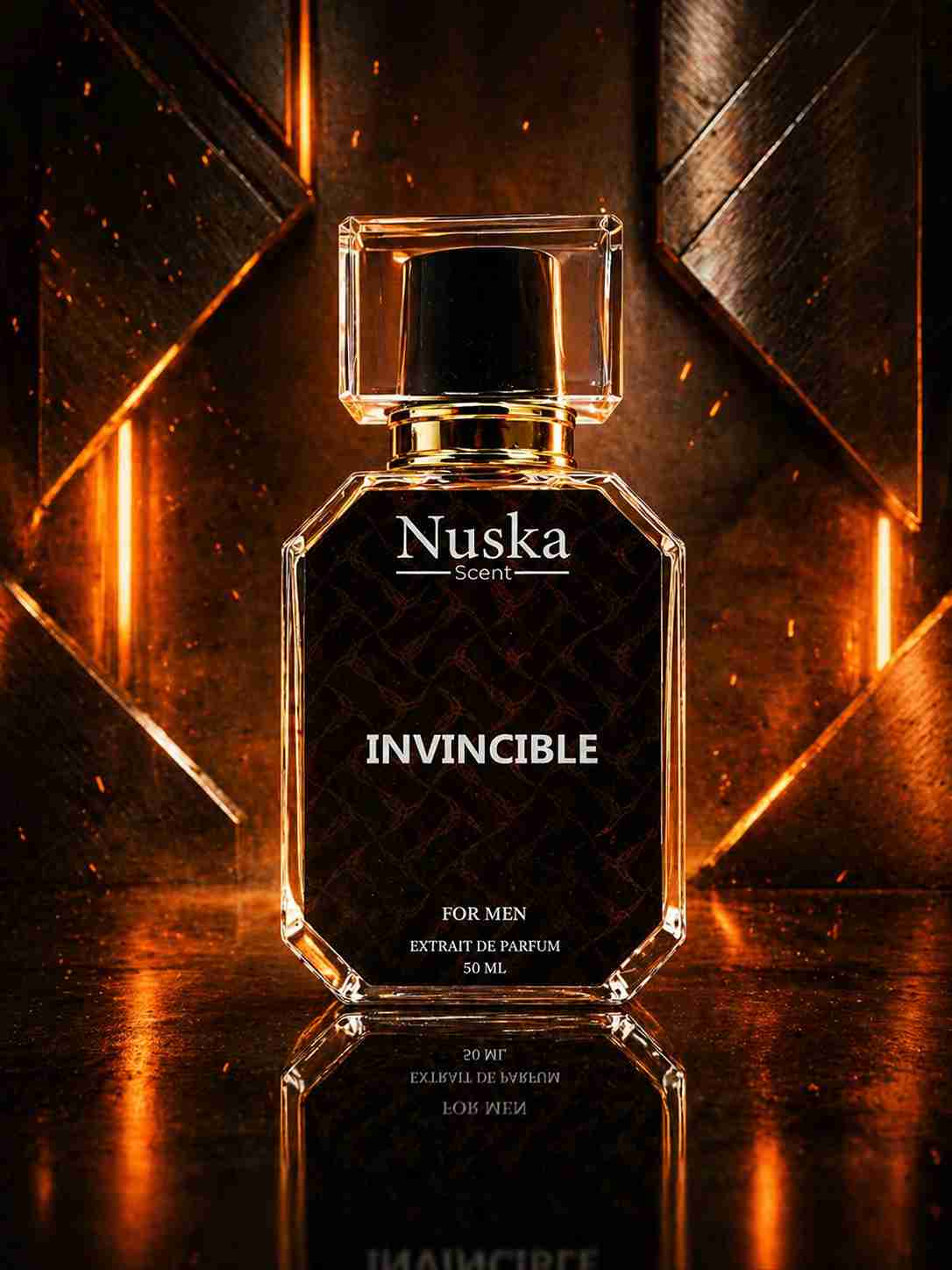 Nuska Scent INVINCIBLE perfume bottle with orange metallic lighting and bold background
