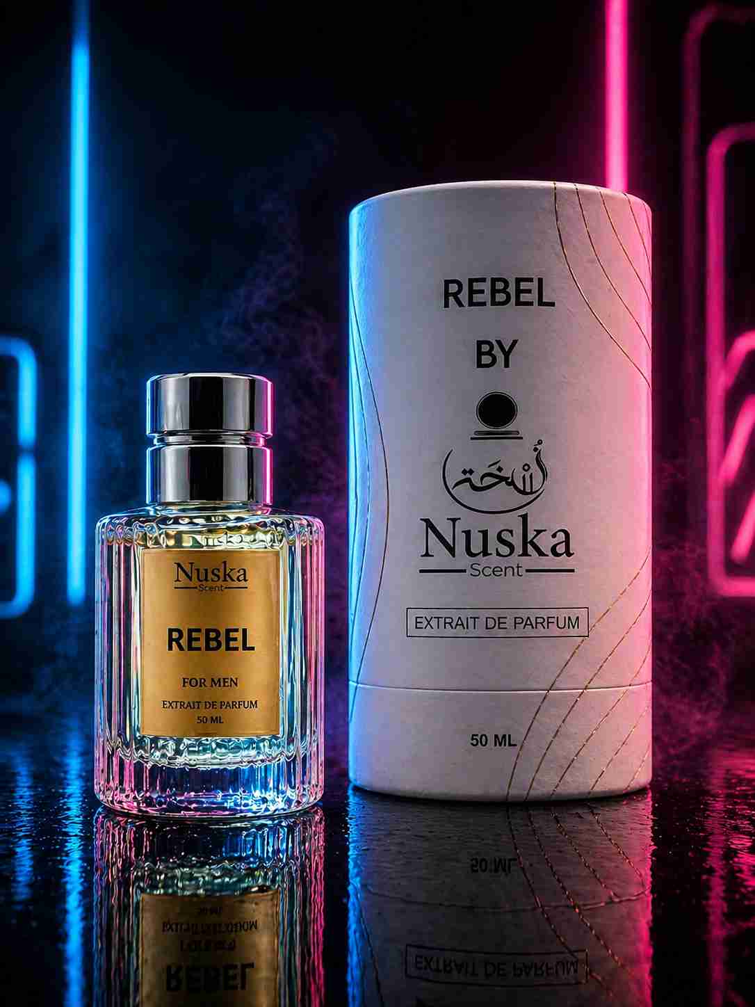 Nuska Scent REBEL perfume bottle with neon blue and pink lighting