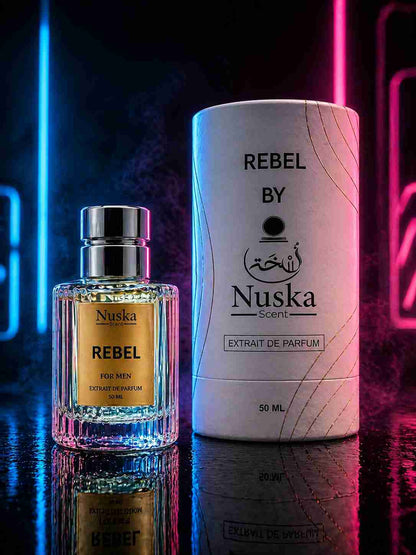 Nuska Scent REBEL perfume bottle with neon blue and pink lighting