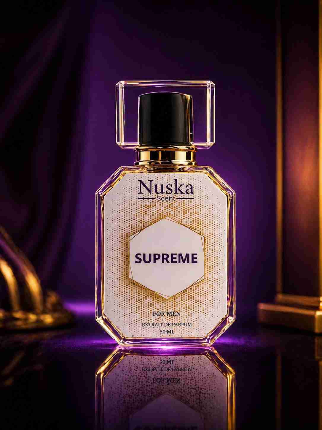 Nuska Scent SUPREME luxury perfume bottle with purple and gold background