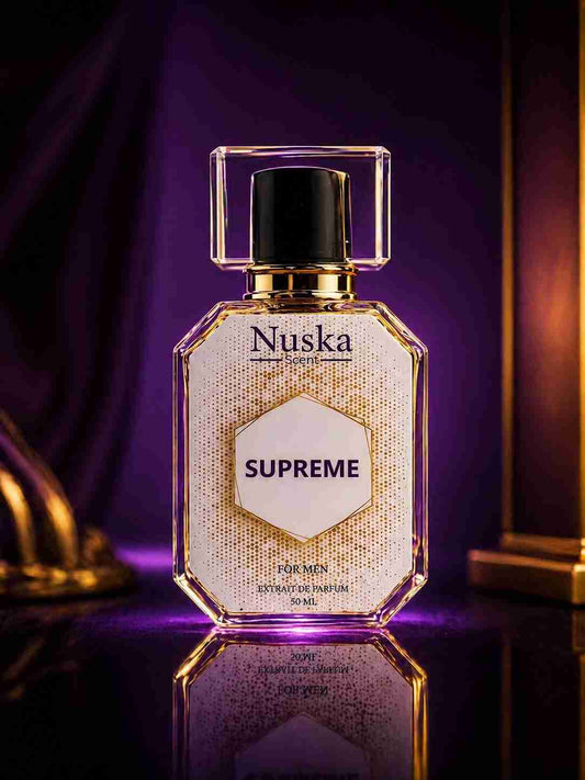Nuska Scent SUPREME luxury perfume bottle with purple and gold background