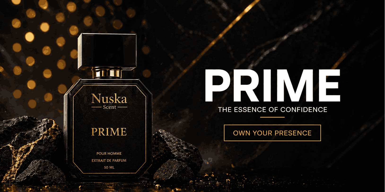 Nuska Prime perfume bottle with text on a dark background